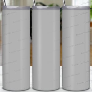 May include: Three silver stainless steel tumblers against a white background. The tumblers are empty and have lids.