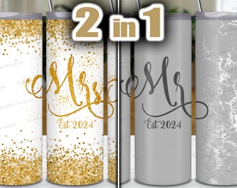 Wedding Tumbler Wrap PNG 20 oz Skinny Sublimation Tumbler Designs - Mr. & Mrs. Wedding Gift, 2023 and 2024, Gold Glitter and Gray Tumbler