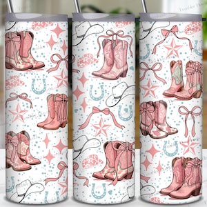 Coquette cowgirl laarzen en strikken westernhoed hoefijzer 20oz mager beker wrap sublimatie ontwerp pastelroze girly koffie digitale download