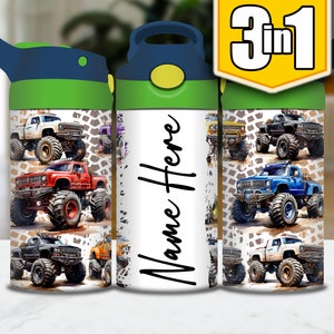 May include: Three 3-in-1 stainless steel water bottles with a green lid and a white background. The bottles feature a repeating pattern of monster trucks in various colors, including red, blue, and white. The middle bottle has the text "Name Here" in black.