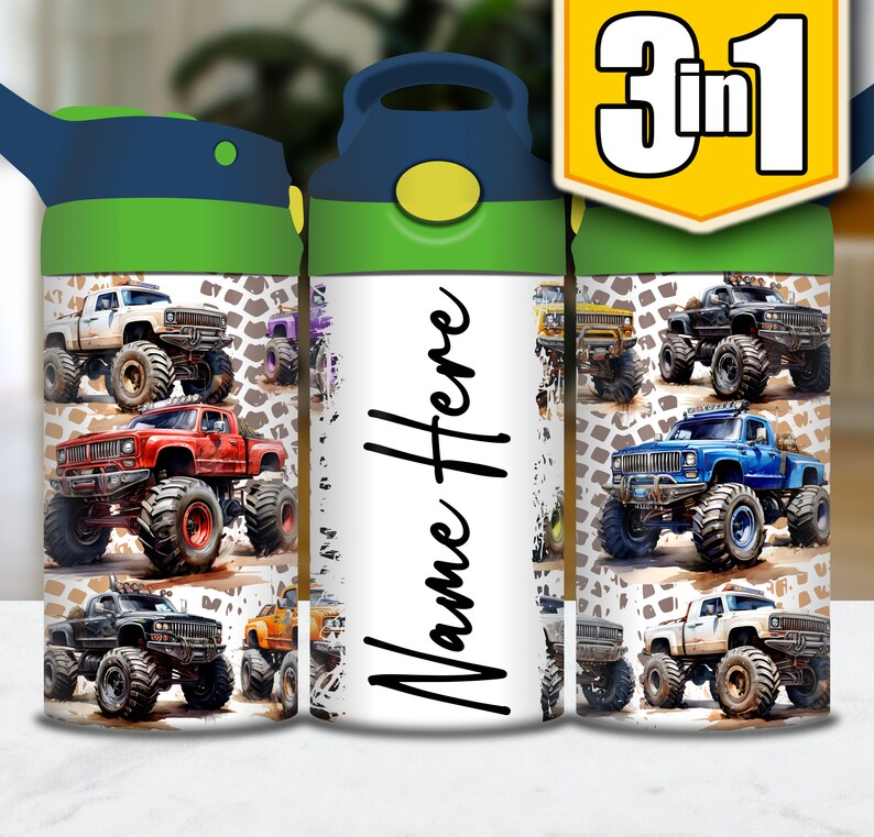 May include: Three 3-in-1 stainless steel water bottles with a green lid and a white background. The bottles feature a repeating pattern of monster trucks in various colors, including red, blue, and white. The middle bottle has the text "Name Here" in black.