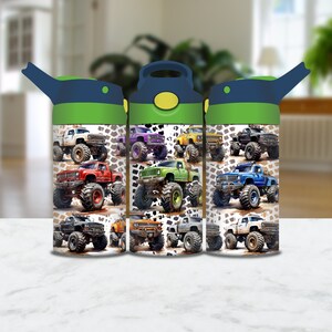 May include: Three green and blue water bottles with a monster truck design. The bottles feature different colored monster trucks on a white background with brown splatter paint.