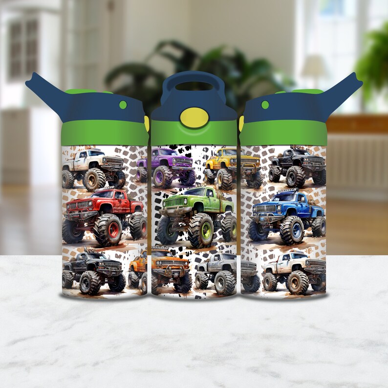 May include: Three green and blue water bottles with a monster truck design. The bottles feature different colored monster trucks on a white background with brown splatter paint.
