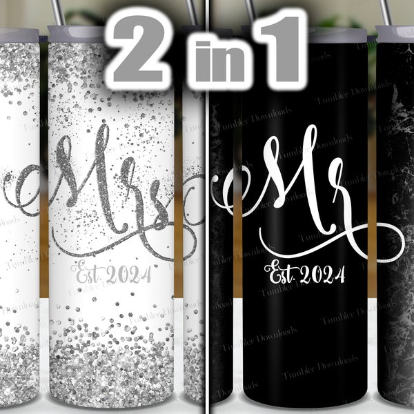 Wedding Tumbler Wrap PNG 20 oz Skinny Sublimation Tumbler Designs - Mr. & Mrs. Wedding Gift, 2023 and 2024, Silver Glitter and Black Tumbler