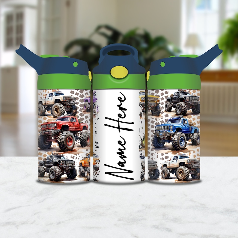 May include: Three green and blue water bottles with a straw and a white background. The bottles have a design of monster trucks on them. The middle bottle has the text "Name Here" on it.