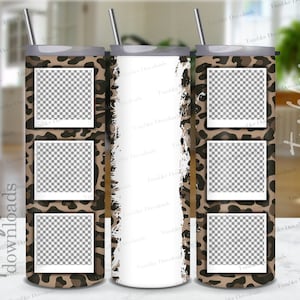 May include: Three stainless steel tumblers with a leopard print design. The tumblers have a white background with a black and brown leopard print pattern. The tumblers have three rectangular photo frames with a white border.