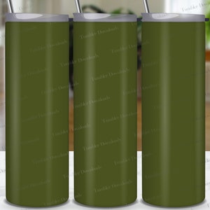 May include: Three stainless steel tumblers with a matte olive green finish. The tumblers are standing on a white surface.