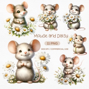 Ratón de acuarela y flor de margarita, imágenes prediseñadas de ratón lindo, animal floral, ratón de flores, margarita blanca, descarga digital, artesanía de papel, fabricación de tarjetas