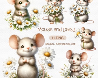 Watercolor Mouse Clipart: Daisy Flower Animal (Digital Download)