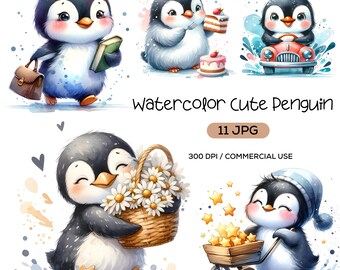 May include: Watercolor illustrations of cute penguins in various poses. One penguin is holding a book, another is eating a cake, another is driving a car, another is holding a basket of flowers, and another is pulling a wagon full of stars. The text "Watercolor Cute Penguin" and "11 JPG" is displayed on the image.