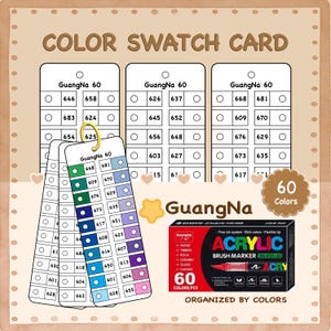 GuangNa 60 Farben Acryl Brush Marker Swatch, druckbare Farbmusterkarte, Farbmusterdiagramm, Farbmustervorlage, digitale PDF-Blätter