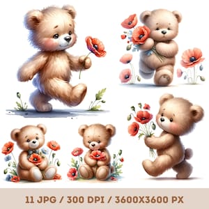 Aquarell Bär und Mohnblumen Clipart, süßer Bär mit Blume, Blumentier, Mohnstrauß, Kartenherstellung, Papierhandwerk, digitaler Download