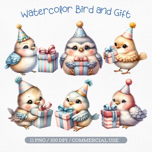 Clipart de pássaro em aquarela e caixa de presente, pássaro fofo com chapéu de festa, pássaros de aniversário, clipart de pássaros, feliz aniversário, download digital, criação de cartões