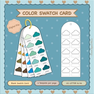 Pode incluir: Um cartão digital de amostras de cores com amostras de cores em forma de nuvem. O cartão inclui o texto "COLOR SWATCH CARD", "Digital File", "Blank Swatch Card", "4 Template per page" e "US LETTER & A4". O cartão está em um fundo azul.