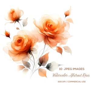 Aquarelle abstraite roses oranges Clipart, 10 images JPG, impression de fleurs, Clipart floral, bouquet de roses, téléchargement numérique sur papier, fabrication de cartes