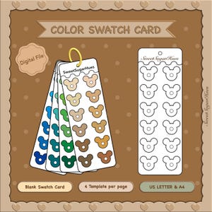 Puede incluir: Una tarjeta de muestra de color digital con un fondo marrón. La tarjeta presenta múltiples paletas de colores en un diseño en forma de oso. El texto incluye "COLOR SWATCH CARD", "Digital File", "Sweet Sugar Hues", "Blank Swatch Card", "4 Template per page" y "US LETTER & A4".