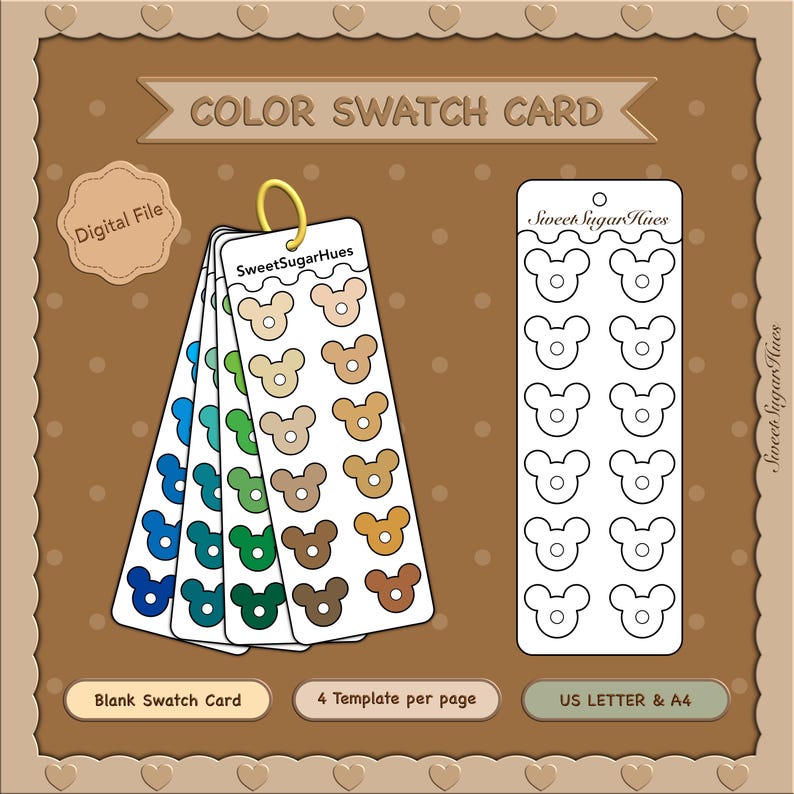 Puede incluir: Una tarjeta de muestra de color digital con un fondo marr&oacute;n. La tarjeta presenta m&uacute;ltiples paletas de colores en un dise&ntilde;o en forma de oso. El texto incluye "COLOR SWATCH CARD", "Digital File", "Sweet Sugar Hues", "Blank Swatch Card", "4 Template per page" y "US LETTER & A4".