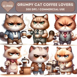 Set di clipart di Grumpy Cat Coffee: gatti divertenti ad acquerello (download digitale)