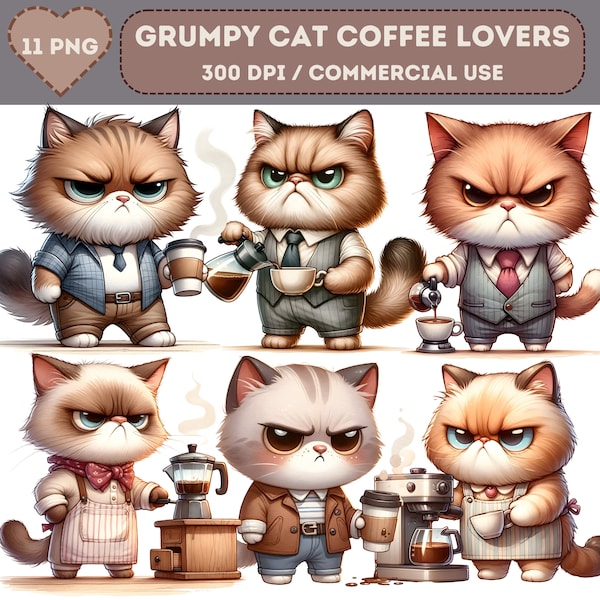 Grumpy Cat Coffee Lovers Set, Grumpy Cat Clipart, Digital Download, Funny Cat, Watercolor Cute Cat, Coffee and Cat Clipart, Paper Craft