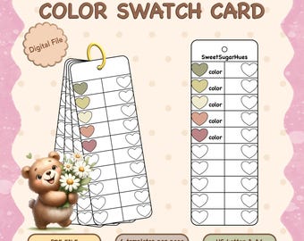May include: A digital color swatch card with a pink background. The card features a ring-bound design with heart-shaped color swatches. A teddy bear holding flowers is on the left. Text includes "COLOR SWATCH CARD", "Digital File", and "PDF FILE".
