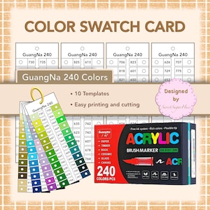 May include: A colour swatch card with the text "COLOR SWATCH CARD" and "GuangNa 240 Colors". The image includes colour swatches, a box of acrylic brush markers, and a colour chart with 240 colours. The design is by Sweet Sugar Hues.