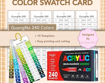 Plantilla de muestra de marcador acrílico GuangNa de 240 colores / Tabla de colores de pintura imprimible / PDF digital