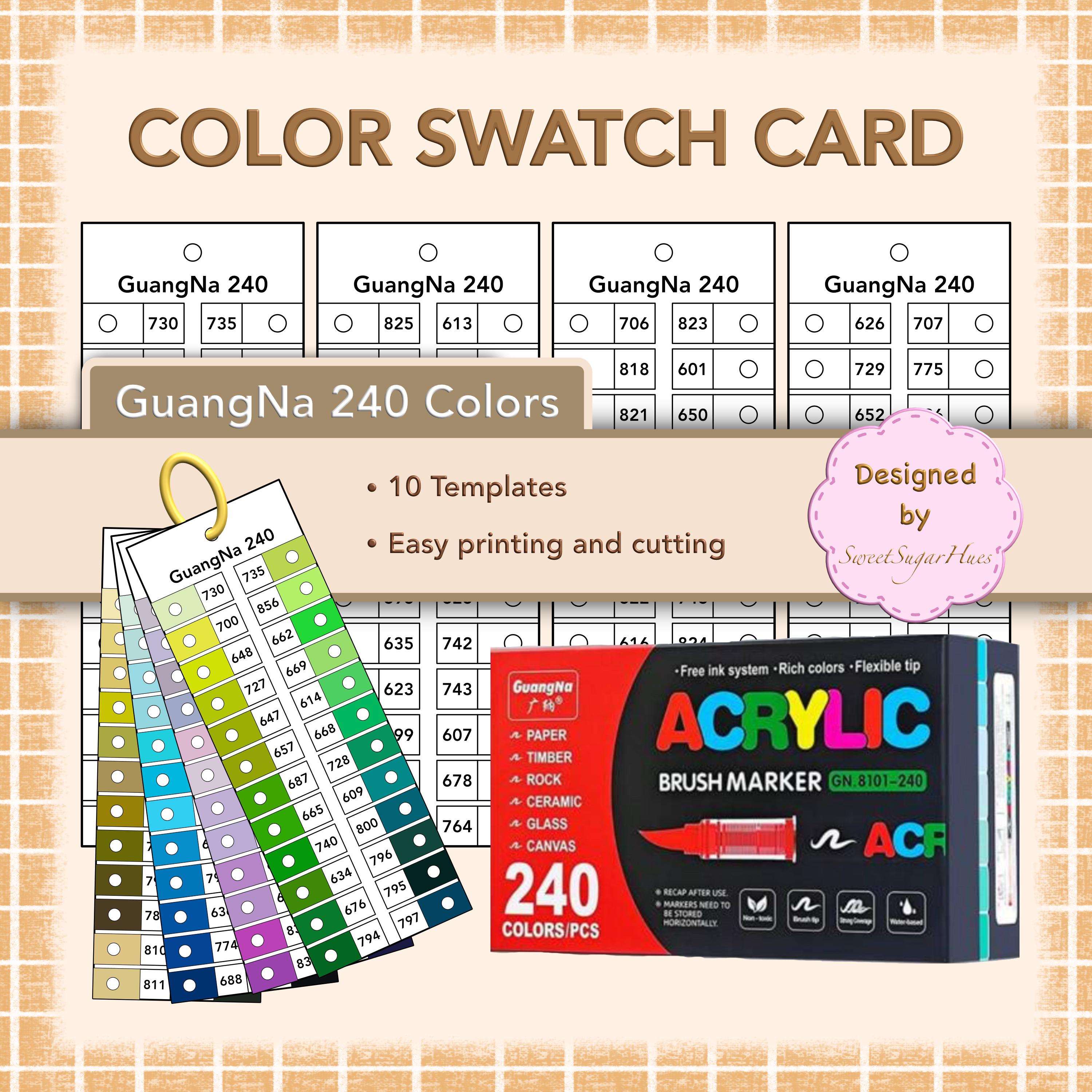Guangna 240 Colors Acrylic Brush Marker Swatch Card Template