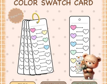 May include: Printable color swatch cards with a cute bear illustration. The cards feature a row of hearts in different colors, with blank hearts below for color matching. The cards are designed for use with US Letter or A4 paper and include 4 templates per page.