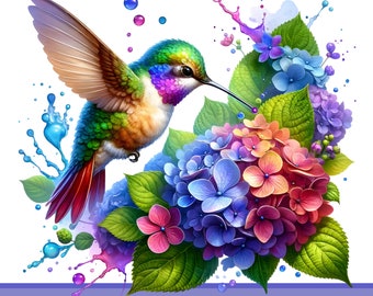 Aquarell Kolibri mit Hortensienblüten PNG Clipart, niedlicher Frühlingsvogel und Blumen, digitaler Dowload, Design für Hemd, Papiermodell