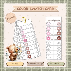 May include: A digital colour swatch card with a floral design. The card includes a variety of pink and brown colour swatches. The text "COLOR SWATCH CARD" and "SweetSugarHues" are visible. The image also includes a cute teddy bear holding flowers.