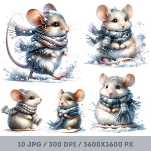 水彩の冬のネズミのクリップアート、スカーフを巻いたかわいいネズミ、クリスマスのネズミ、冬の雪の動物、カード作り、ペーパークラフト、デジタルダウンロード