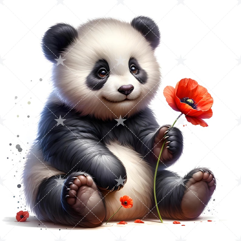 May include: A cute black and white panda bear sitting with a red poppy flower in its paw. The panda is smiling and looking at the camera. There are three red poppies on the ground.
