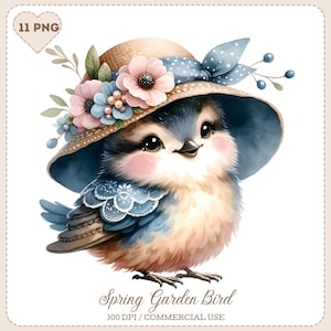 Clipart oiseau de jardin de printemps, Illustrations d'oiseaux chapeau floral aquarelle, oiseau PNG, téléchargement numérique, usage Commercial, oiseau mignon pour l'artisanat,