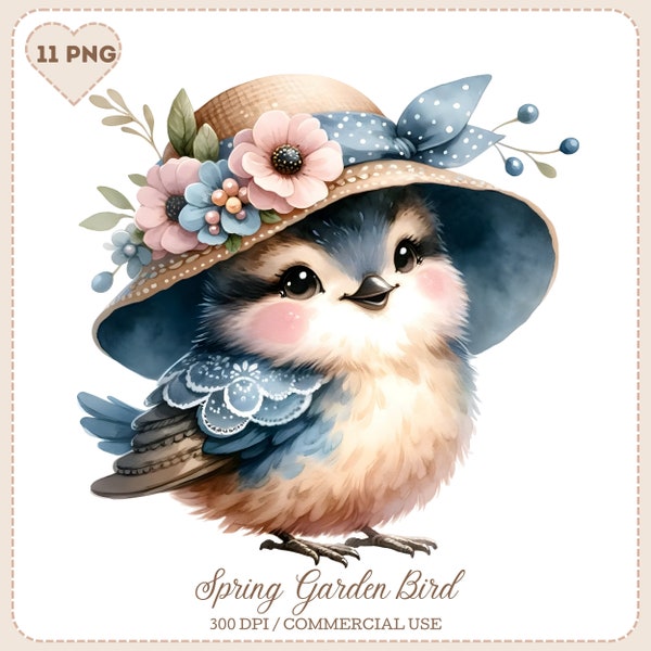 Clipart oiseau de jardin de printemps, Illustrations d'oiseaux chapeau floral aquarelle, oiseau PNG, téléchargement numérique, usage Commercial, oiseau mignon pour l'artisanat,