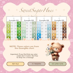 May include: A digital color chart titled "Sweet Sugar Hues" with color swatches labeled "GuangNa 288". The chart includes a cute bear illustration holding flowers, and text that says "PDF FILE", "14 templates", and "US Letter & A4".
