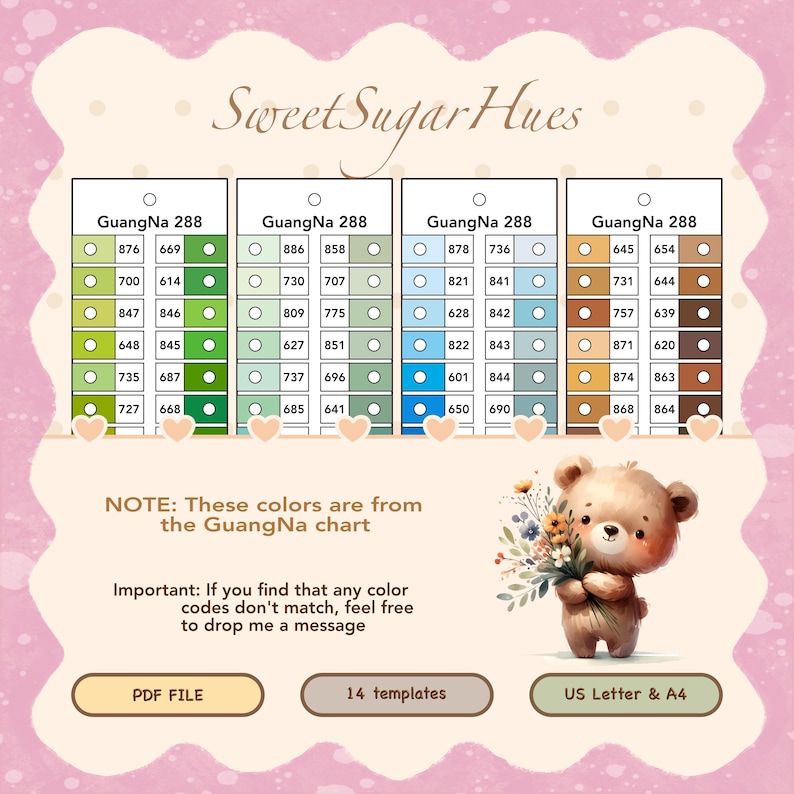 May include: A digital color chart titled "Sweet Sugar Hues" with color swatches labeled "GuangNa 288". The chart includes a cute bear illustration holding flowers, and text that says "PDF FILE", "14 templates", and "US Letter & A4".