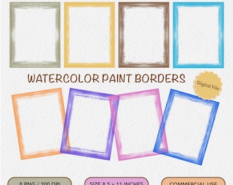 Watercolor Paint Border Clipart: Colorful Brush Stroke Frames (Digital Download)