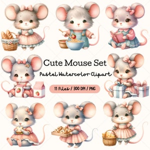 Cute Mouse Clipart, Mouse PNG, Animal Clipart, Watercolor Mouse Set, Cute Animal, Mouse Chef, Paper Craft, Digital Download, Card Making