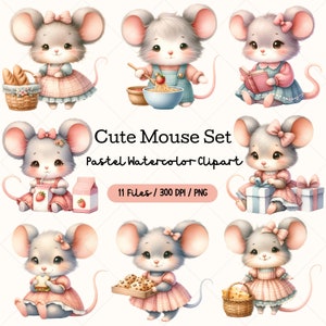Clipart souris mignon, souris PNG, Clipart Animal, ensemble de souris aquarelle, animal mignon, chef cuisinier, créations en papier, téléchargement numérique, fabrication de cartes