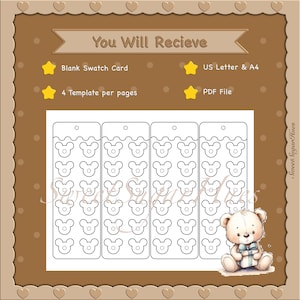 Puede incluir: Una plantilla imprimible con un borde marr&oacute;n y una ilustraci&oacute;n de oso de peluche. La plantilla incluye cuatro dise&ntilde;os de marcap&aacute;ginas con forma inspirada en Mickey Mouse. El texto incluye "You Will Recieve", "Blank Swatch Card", "US Letter & A4", "4 Template per pages" y "PDF File".