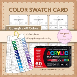 以下が含まれることがあります： 「GuangNa 60 Colors」のカラー見本カードとアクリルブラシマーカーの箱。カードには番号付きの色見本と整理用のリングが付いています。マーカーボックスは黒と赤で、「ACRYLIC BRUSH MARKER」は白で表示されています。