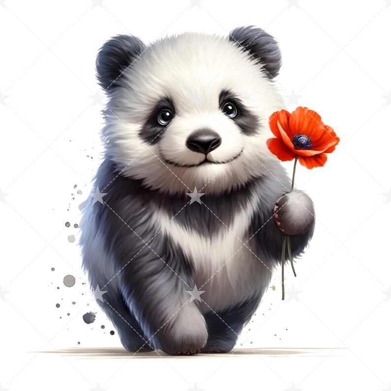 May include: A cute black and white panda bear holding a red poppy flower. The panda is smiling and looking at the camera.