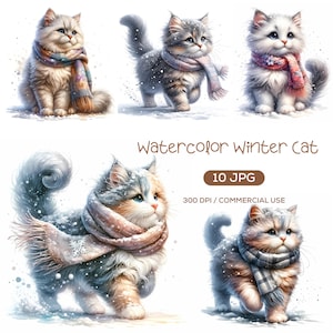 Clipart chat aquarelle hiver, chat mignon avec écharpe et neige, chat de Noël, animal enneigé en hiver, fabrication de cartes, créations en papier, téléchargement numérique