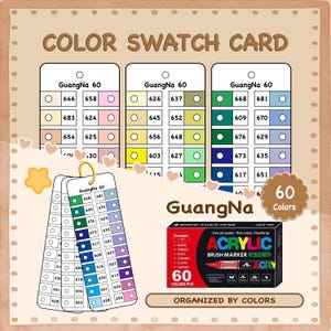 GuangNa - Muestra de marcador acrílico de 60 colores, tarjeta de muestra de color imprimible, tabla de muestras de color, plantilla de muestra de color, hojas PDF digitales