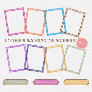 May include: Set of eight watercolor frame borders in various colors, including pink, blue, orange, purple, yellow, and brown. Each frame is 8.5 inches by 11 inches and has a white background. The frames are perfect for adding a touch of whimsy to your digital projects.