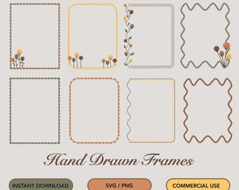 May include: Set of eight hand-drawn frames with different border styles and floral accents. The frames are in various colors, including brown, green, and yellow. The text "Hand Drawn Frames" is below the frames.