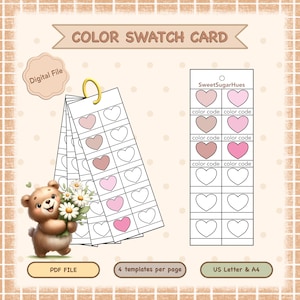 Pode incluir: Um cartão de amostra de cores com amostras de cores em forma de coração em tons de rosa e castanho. O cartão inclui o texto "COLOR SWATCH CARD", "Digital File", "PDF FILE" e "US Letter & A4". Um urso de pelúcia segurando flores está na imagem.