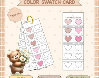 May include: A color swatch card with heart-shaped color samples in shades of pink and brown. The card includes the text "COLOR SWATCH CARD", "Digital File", "PDF FILE", and "US Letter & A4". A teddy bear holding flowers is in the image.