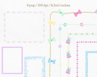 May include: Eight pastel colored borders with different designs, including polka dots, bows, and a beaded chain. The borders are 8.5x11 inches and 300 dpi.