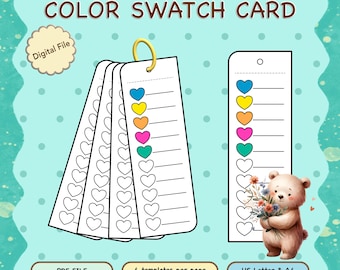 May include: Printable color swatch cards with hearts and lines for color organization.  The cards are designed to be printed on US Letter or A4 paper.  The text on the cards reads "COLOR SWATCH CARD" and "Digital File".
